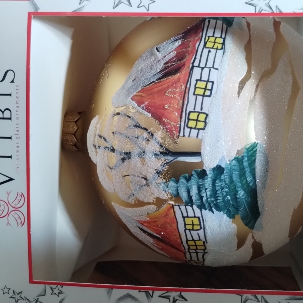 Vitbis Jumbo Hand Painted 2 Cabin Landscape Blown Glass Bauble Ornament POLAND
